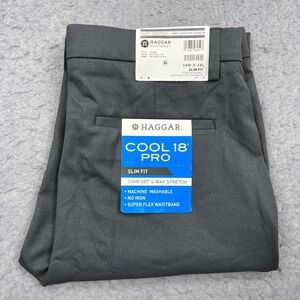 NEW Haggar Pants Mens 34x38 Gray Cool 18 Pro Slim Fit Flat Front Stretch Trouser